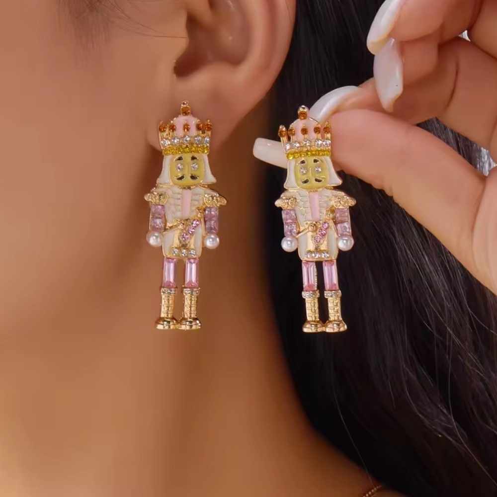 Pink Nutcracker Earrings – Holiday Statement Jewelry with Crystals & Pearls - Picture 7 of 8